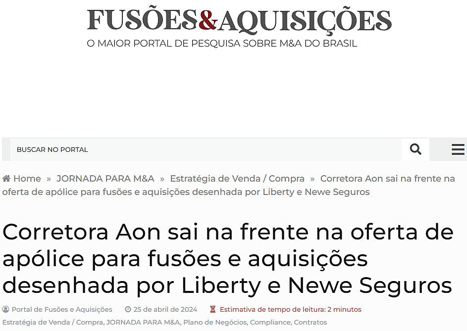 Corretora Aon sai na frente na oferta de aplice para fuses e aquisies desenhada por Liberty e Newe Seguros